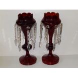 A pair of Victorian ruby glass lustres, 13" high. (2)