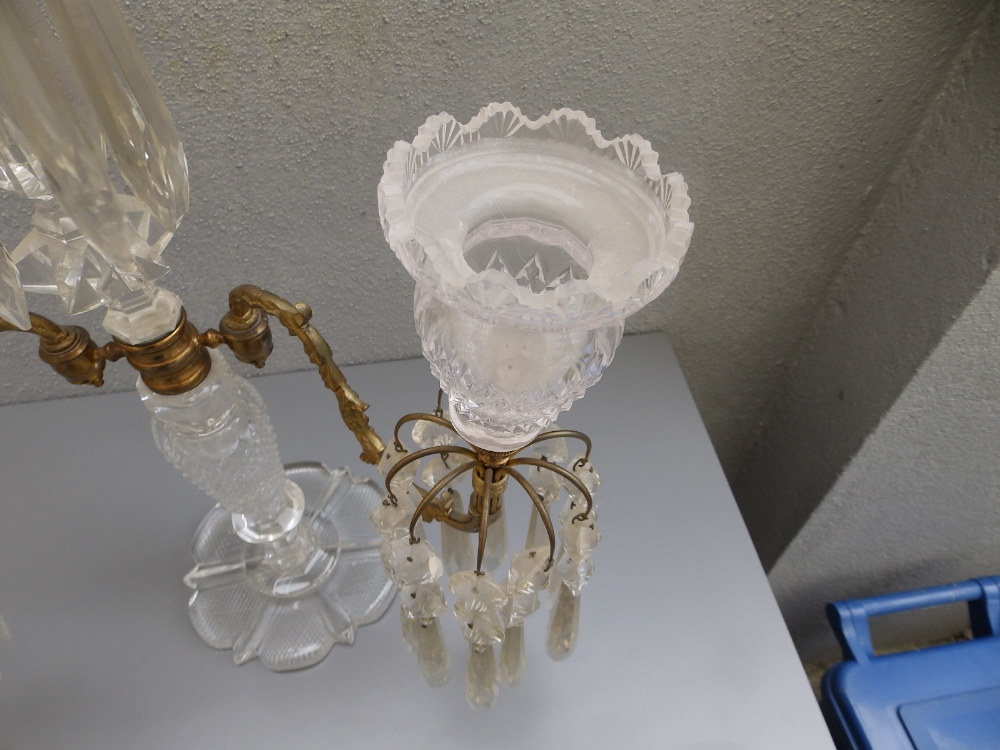 A pair of Regency cut glass ormolu mounted lustre candelabra, each having twin branches about a - Image 4 of 9