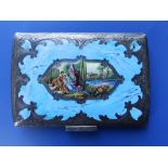 An enamelled silver rectangular compact case, the hinged cover decorated to centre with an 18thC
