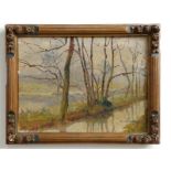E Calberg - oil on canvas - Trees lining a river bank, signed - inscribed & dated verso, 17-2-24,