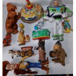 A collection of 20thC tinplate, plastic & plush toys , including some clockwork.