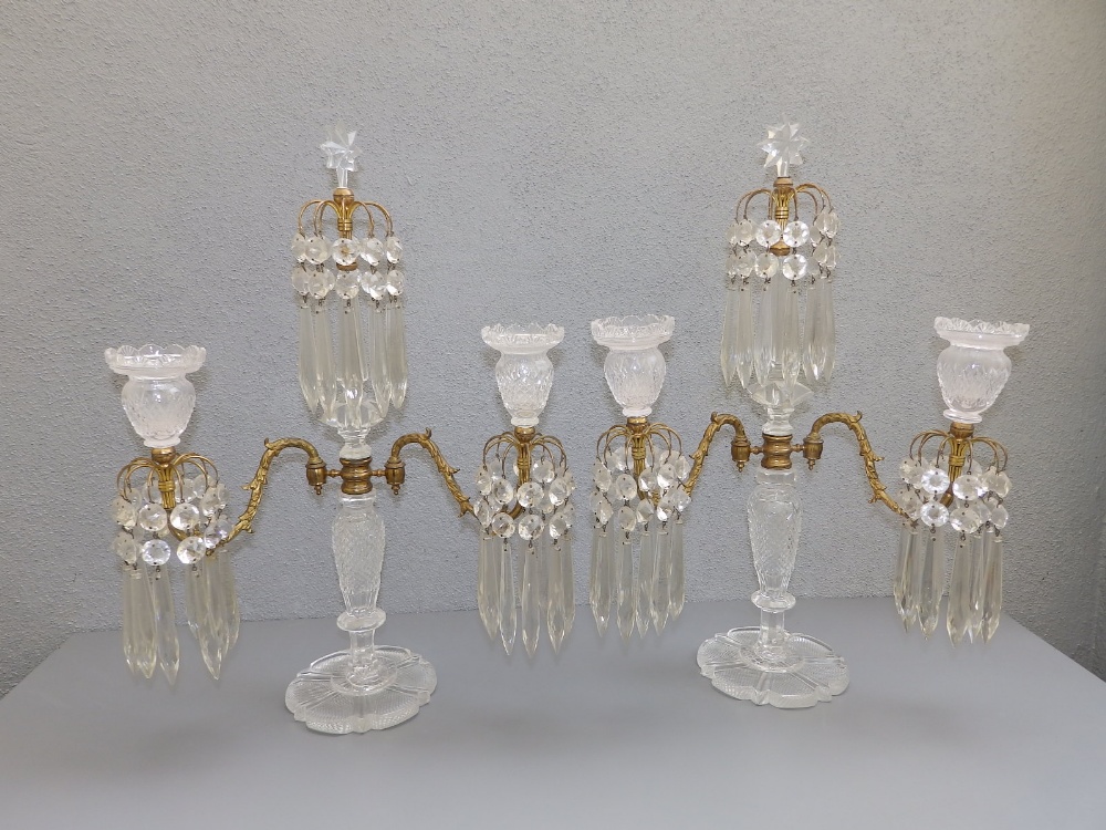 A pair of Regency cut glass ormolu mounted lustre candelabra, each having twin branches about a - Image 2 of 9