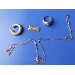 A modern 9ct gold necklace chain, a single earrings, a pendant and a ring with cut shank. (4)