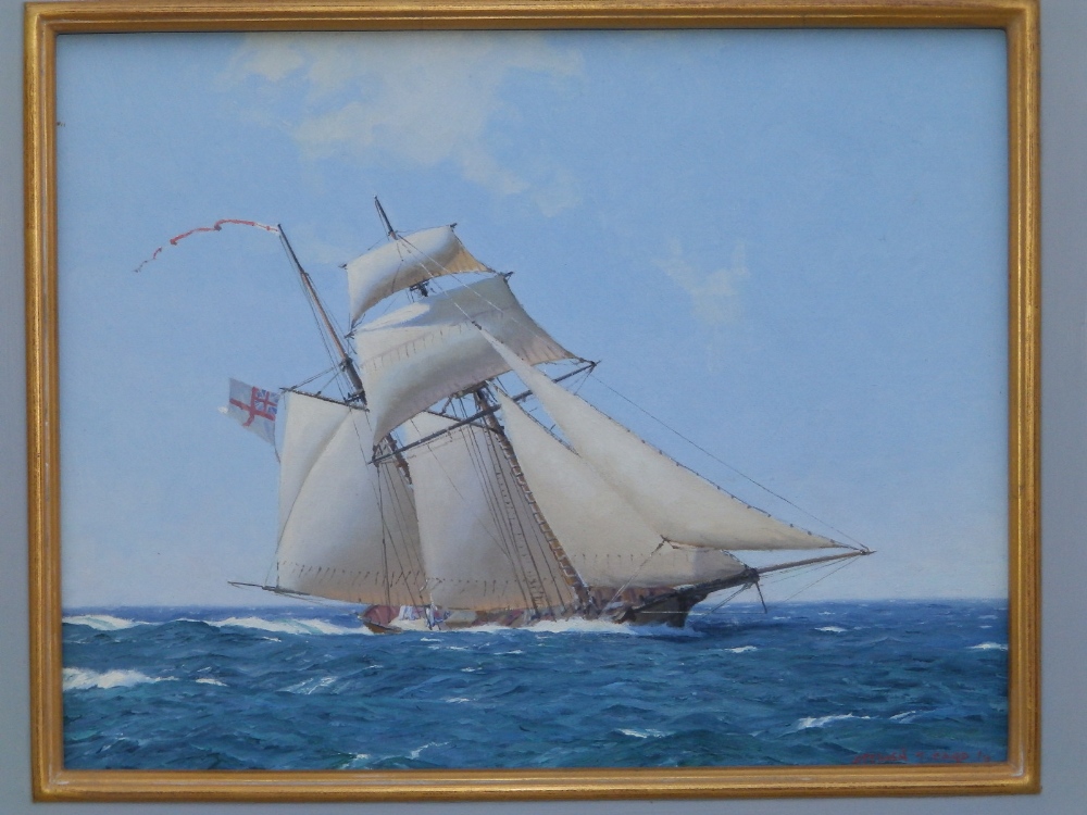 Stephen J. Card (born 1952) - oil on board - A sailing ship flying the white ensign in a stiff - Image 2 of 4