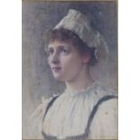 Robert Edward Morrison (1852-1925) - watercolour - Portrait of a girl in white cap, head &