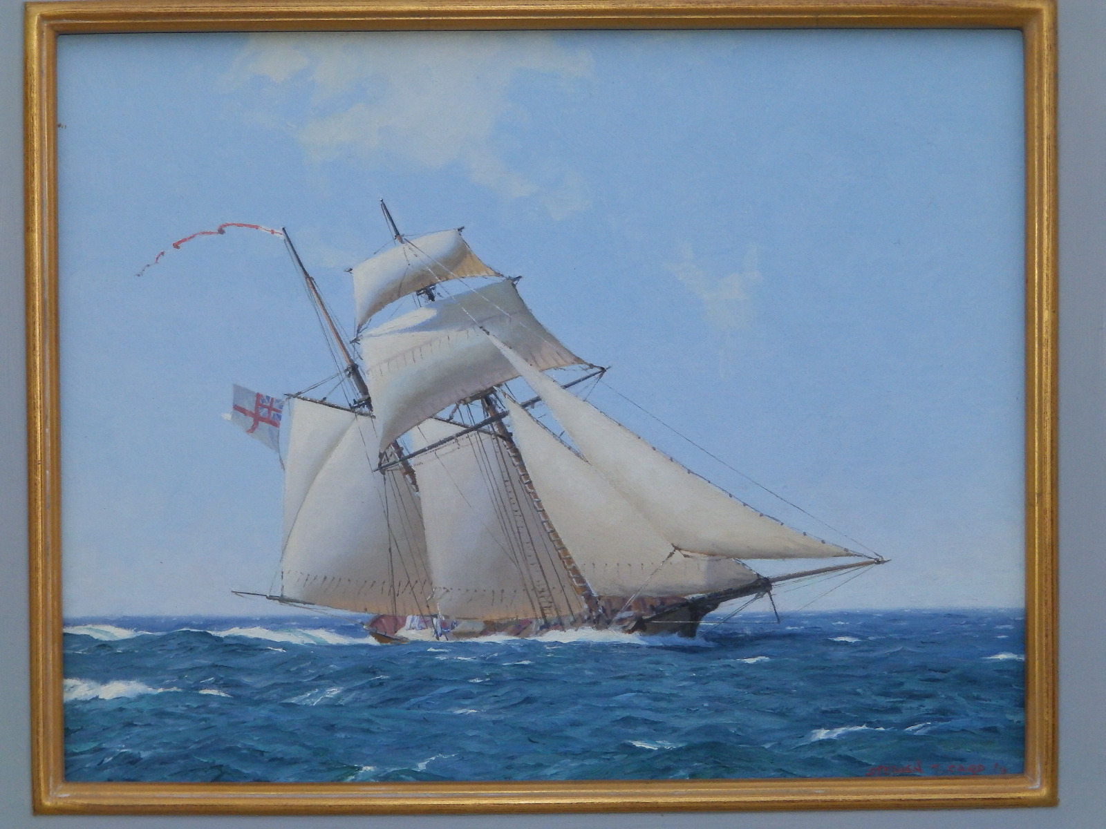 Stephen J. Card (born 1952) - oil on board - A sailing ship flying the white ensign in a stiff