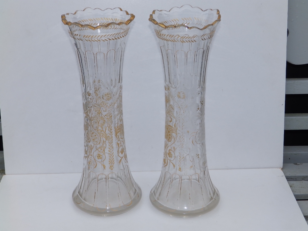 A pair of late 19thC floral engraved glass vases, of slender waisted form, 14.5" - gilding rubbed. - Image 2 of 7