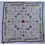 A 'Bugatti Owners Club 75 Celebration' head scarf by Beckford Silk, 44" square.