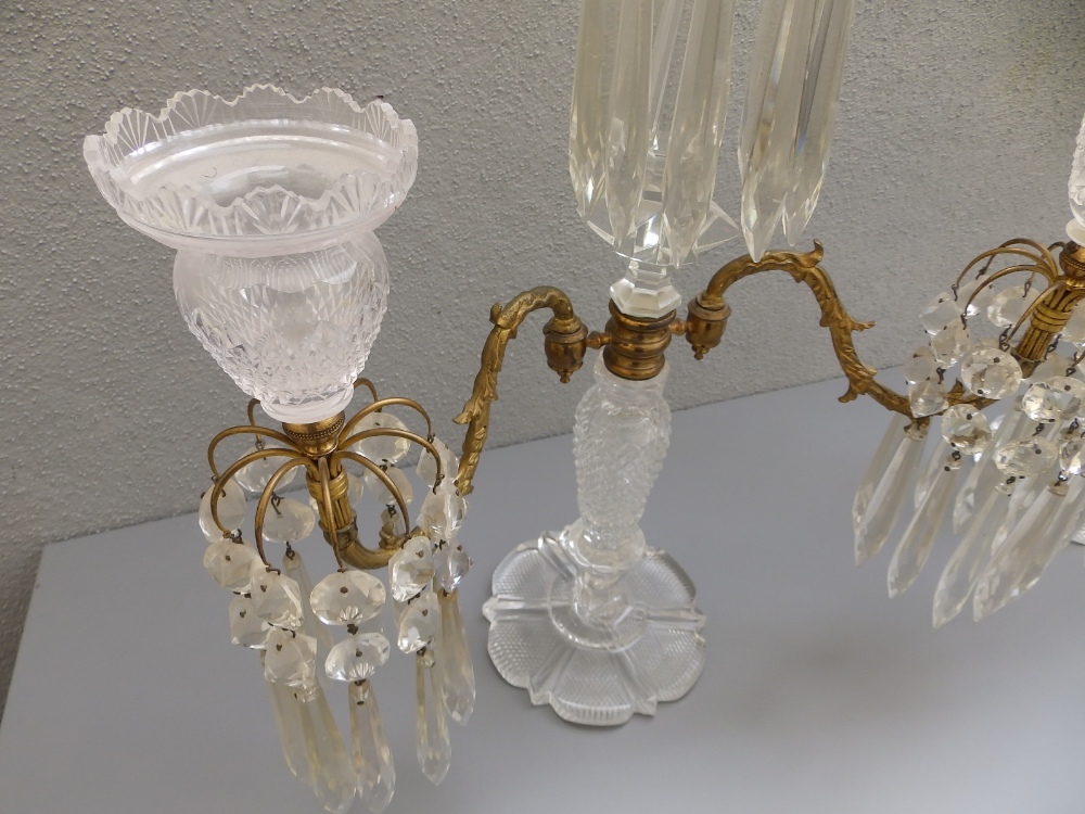 A pair of Regency cut glass ormolu mounted lustre candelabra, each having twin branches about a - Image 7 of 9