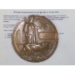 A WWI bronze death plaque commemorating 15816 Frank Barewski (South African) Essex Reg., killed in