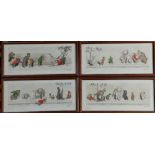 A set of four signed French coloured humorous caricature prints depicting dogs, 6" x 17".