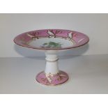 A Victorian floral painted porcelain cakestand with gilded pink borders, 9.25" diameter - rim
