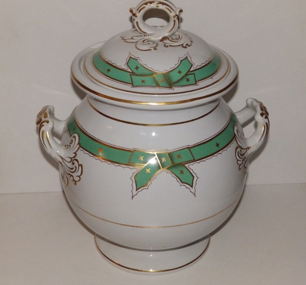 A 19thC two-handled apothecary jar decorated with a green tied band & gilding, , 16" overall