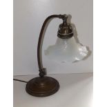 An early 20thC brass angle poise lamp with fluted vaseline glass shade, 14.5" high and a pair of