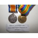 A WWI medal ;pair awarded to 30050 Pte Clarence Channon, Somerset Light Infantry , killed in