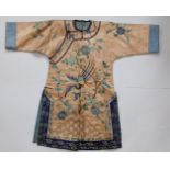 A 19thC Chinese silk embroidered peach damask robe, decorated with blue/turquoise flowers and a