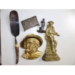 A Victorian horn-handled EP crumb scoop, a small antimony inkstand and three other pieces. (5)