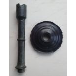 A medieval bronze candlestick stem and a base, stem 5", diameter 2.75" diameter. Excavated from