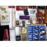 Various small boxes & cases of costume jewellery together with an EP spoon set.