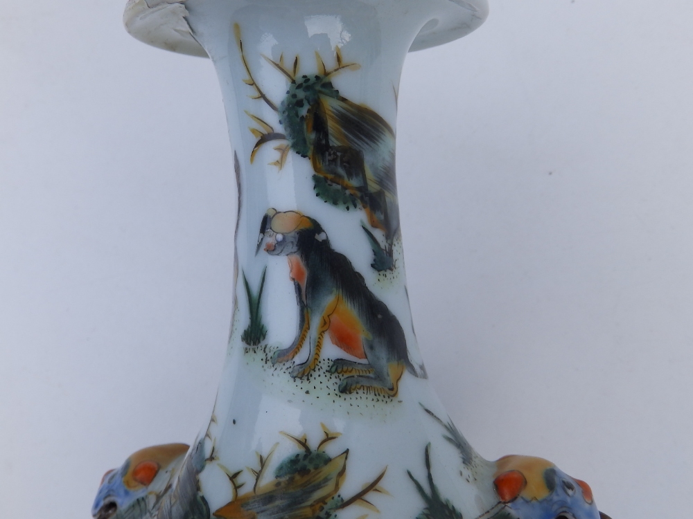 A Chinese famille verte porcelain bottle vase, having angular shoulders, decorated with an - Image 2 of 7