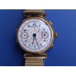 A gent's 18ct gold Ewengsprint chronograph wrist watch, the white enamel dial (damaged) with