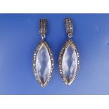 A pair of rock crystal & diamond set gold earrings of marquise form, 2.25" overall.