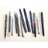 A blue cased Parker 'Junior' fountain pen with gold nib and 11 other pens and pencils. (12)