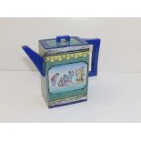 A rare Chinese Yixing enamelled 'Boys' teapot of rectangular plan, with dark blue glazed spout and