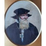 KWR - oval watercolour miniature - Portrait of a Tudor gentleman in black cap and chain of office,