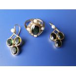 A green tourmaline & pearl set gold ring, finger size Q/R with matching earrings. (3)