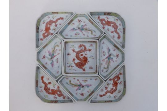 A rare Chinese nine piece square porcelain dragon & phoenix supper set, each piece decorated with - Image 1 of 6