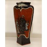 A tall Japanese Sumida Gawa studio pottery vase, of square shouldered form, decorated to one side in