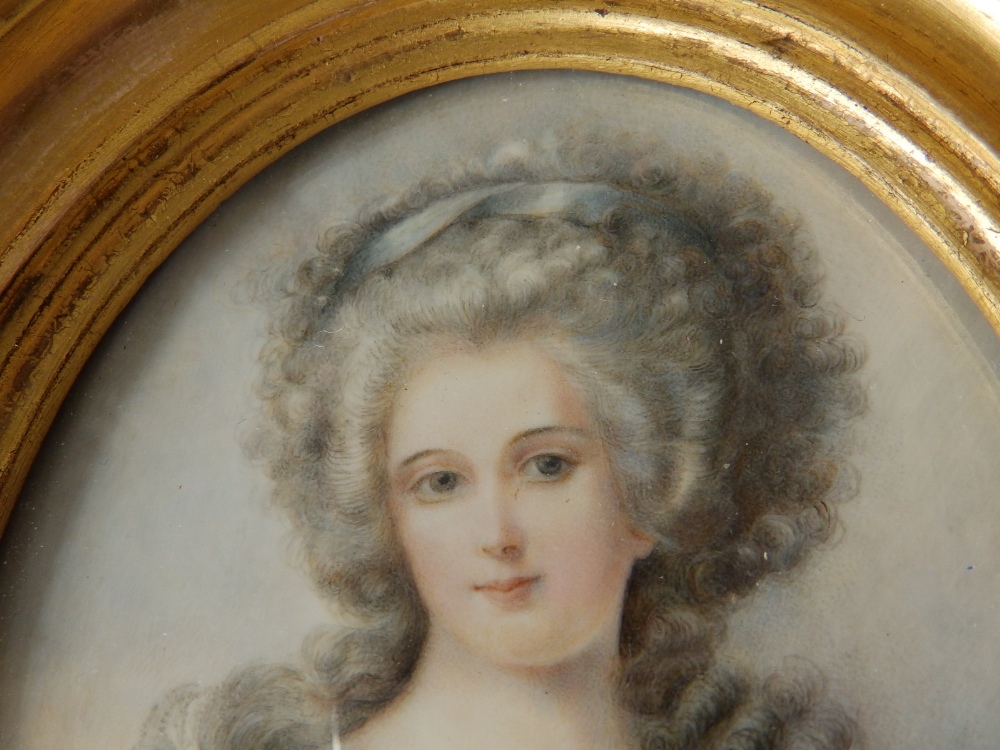 Z. Mirbel - oval watercolour miniature - Half length portrait of a young lady with powdered hair, - Image 2 of 4