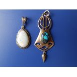 A turquoise set art nouveau 9ct gold pendant, 2" overall and a pear-shaped opal set gold pendant. (