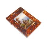 A Victorian tortoisehell card case with central verre eglomise panels depicting lake scenes with