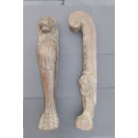 Two late 18th/early 19thC carved wood settee legs, each with a paw foot - ex Horniman Museum,