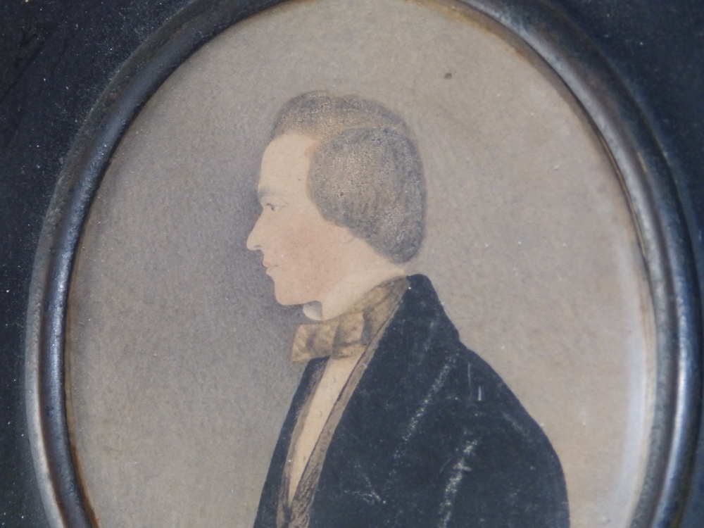 19thC School - oval watercolour miniature - Half length male portrait in profile, 3.75" high. - Image 2 of 3