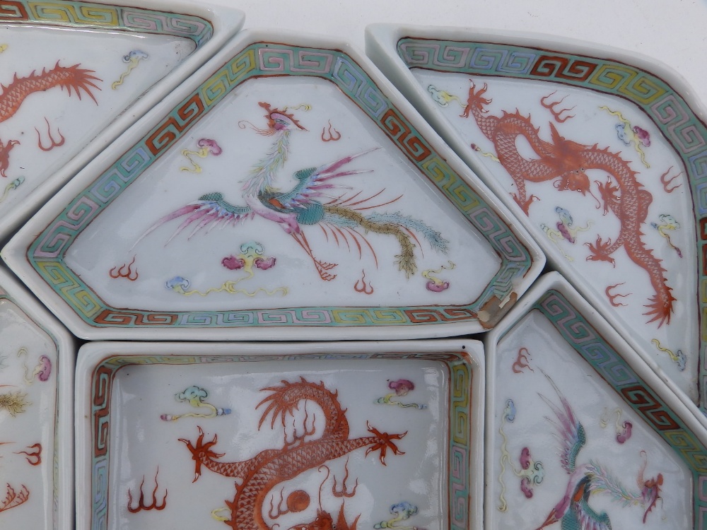 A rare Chinese nine piece square porcelain dragon & phoenix supper set, each piece decorated with - Image 4 of 6