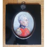 Marion Edith Hewkley - watercolour miniature - Portrait of an army officer in red jacket,