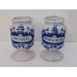A small pair of early blue & white delft jars, of stemmed cylinder form - 'C. Hamech' (Conserve of