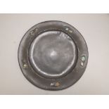 A Tudric pewter plate with abalone shell decoration - 1018 , 9.5" - rim repaired.