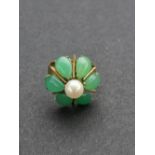 A modern jade & pearl cluster style ring - 14K. Finger size O.