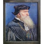 Marion Edith Hewkley - watercolour miniature - Portrait of a Tudor gentleman in black cap and