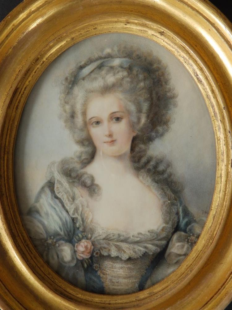 Z. Mirbel - oval watercolour miniature - Half length portrait of a young lady with powdered hair,