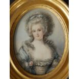 Z. Mirbel - oval watercolour miniature - Half length portrait of a young lady with powdered hair,