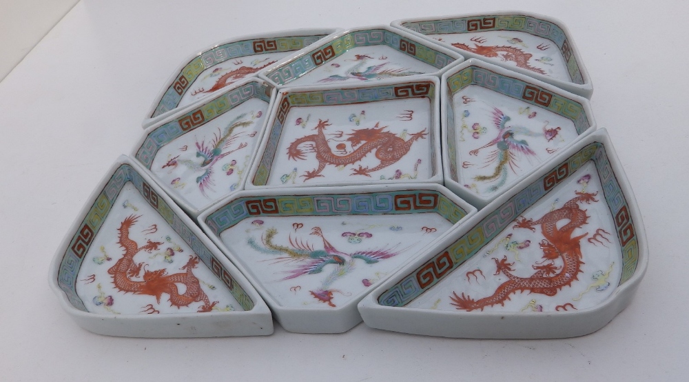 A rare Chinese nine piece square porcelain dragon & phoenix supper set, each piece decorated with - Image 3 of 6