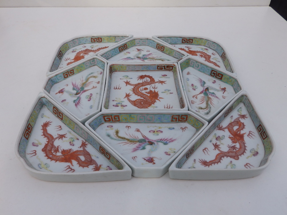 A rare Chinese nine piece square porcelain dragon & phoenix supper set, each piece decorated with - Image 2 of 6