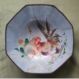 A large Japanese cloisonne enamel octagonal bowl, decorated with a cockerel and hen with flowers,