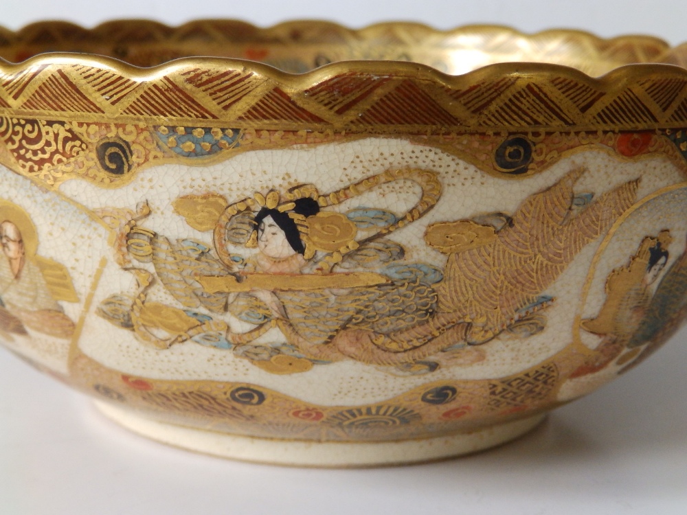 A Japanese Meiji period Satsuma ware bowl decorated with numerous deity figures, scalloped rim, - Image 5 of 7