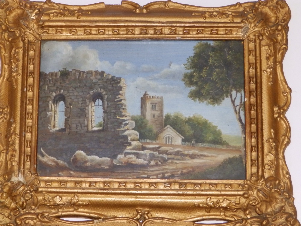 19thC School - a pair of oils on metal - Rural scenes with buildings and figures, 7" x 9.5". (2) - Image 2 of 4